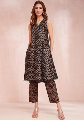 Black Printed Cotton Kurta Set