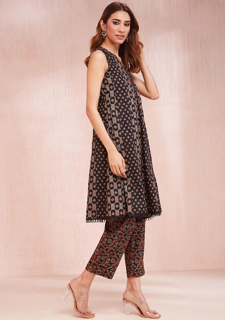 Black Printed Cotton Kurta Set