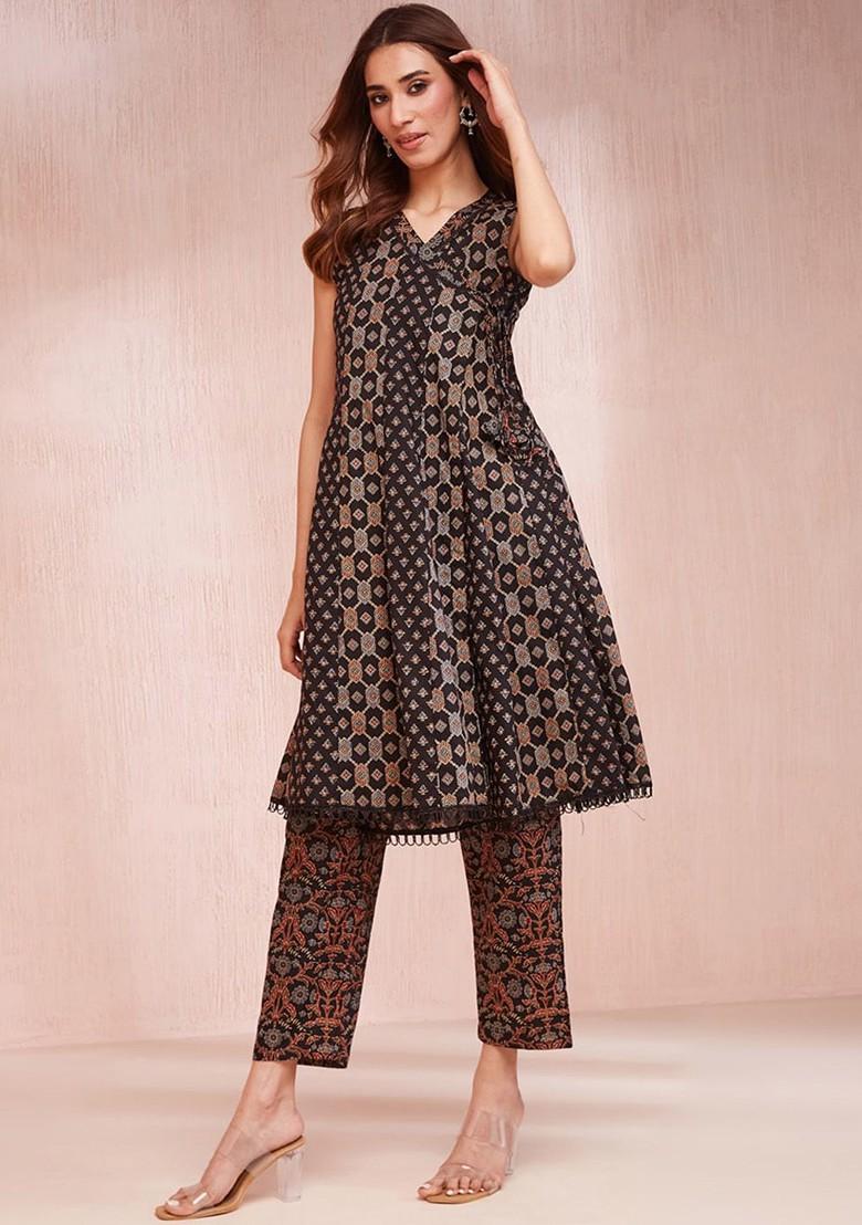 Black Printed Cotton Kurta Set