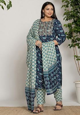 Blue Embroidered Cotton Kurta Set