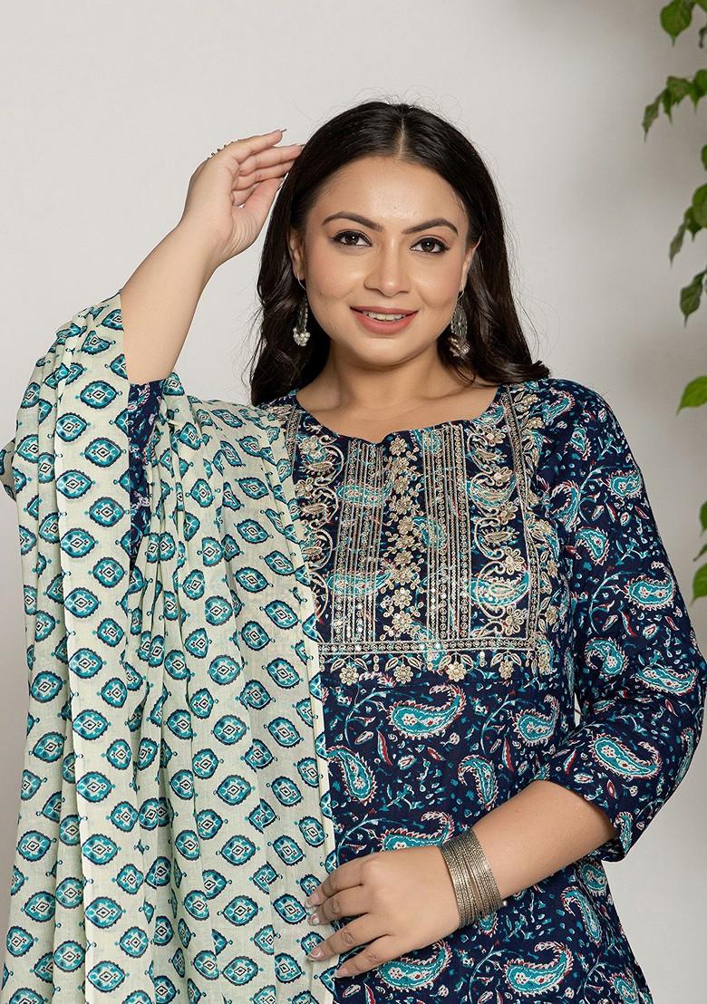 Blue Embroidered Cotton Kurta Set