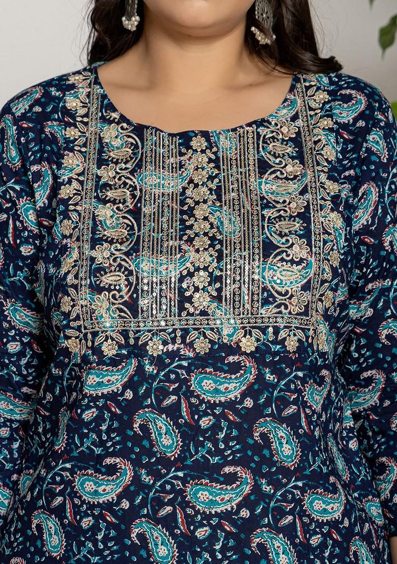 Blue Embroidered Cotton Kurta Set