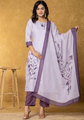 Purple Printed Linen Kurta Set