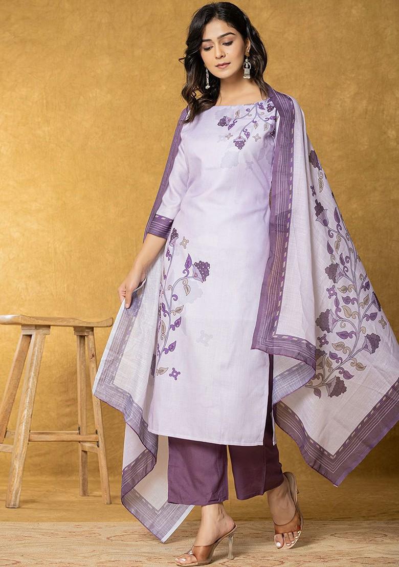 Purple Printed Linen Kurta Set