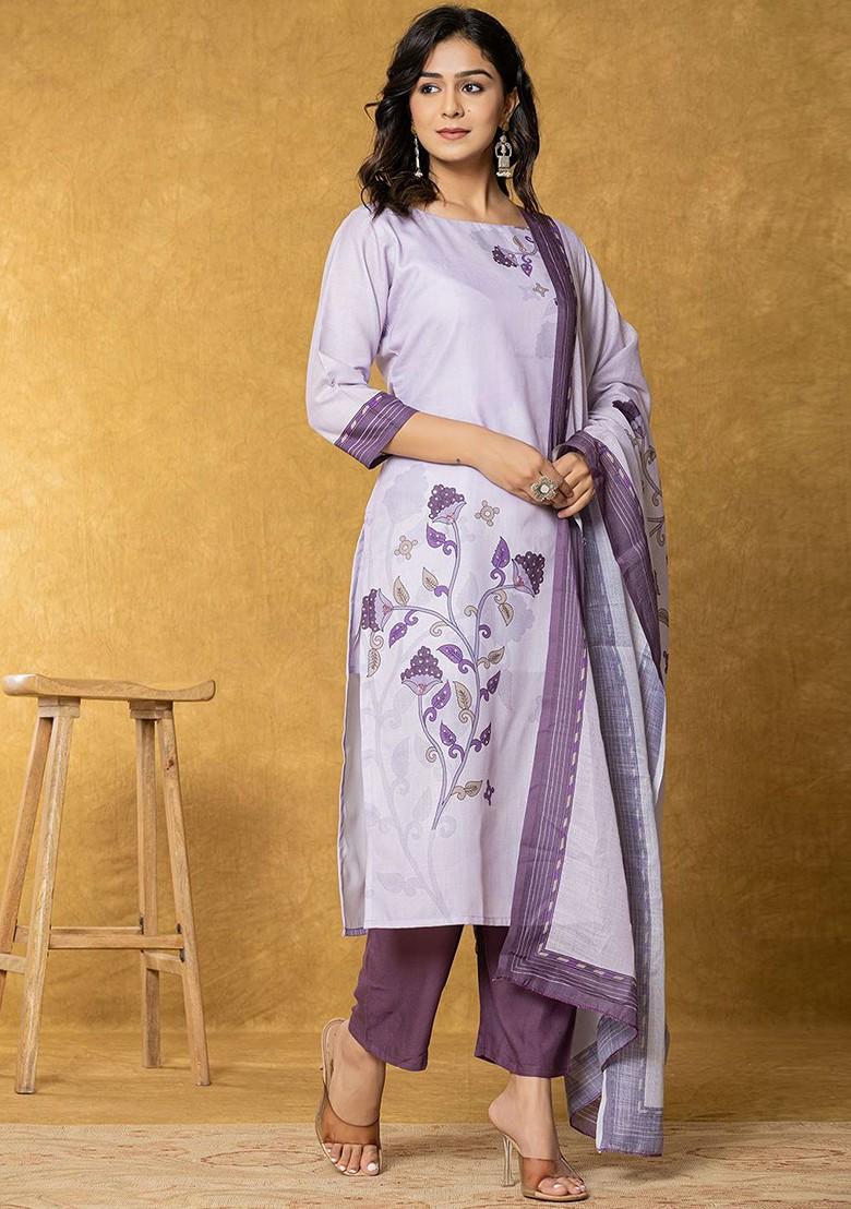Purple Printed Linen Kurta Set