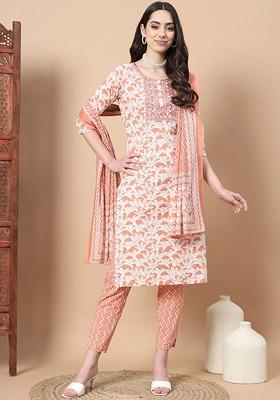 Orange Embroidered Cotton Kurta Set