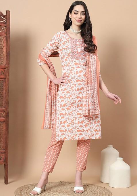 Orange Embroidered Cotton Kurta Set
