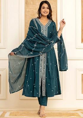 Green Embroidered Cotton Kurta Set