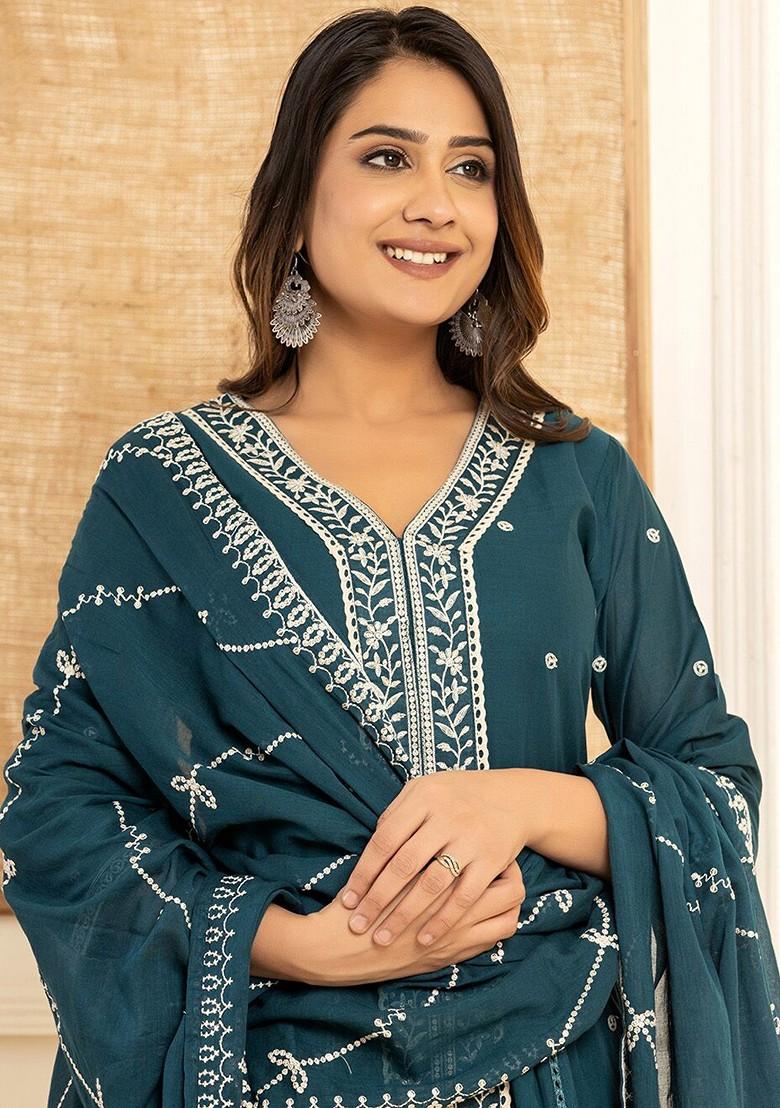 Green Embroidered Cotton Kurta Set