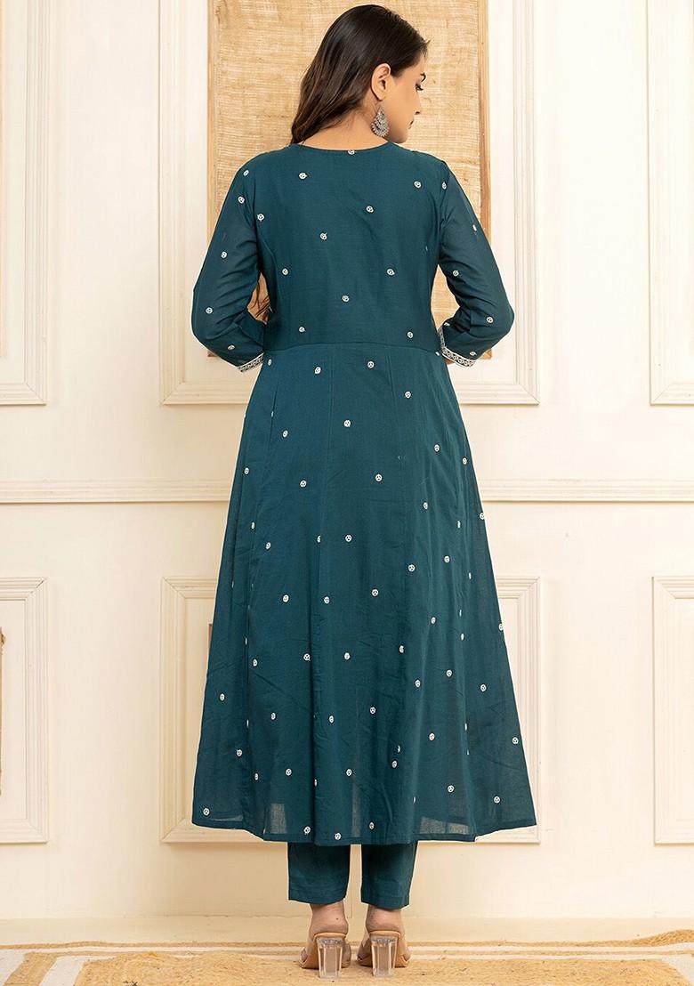 Green Embroidered Cotton Kurta Set