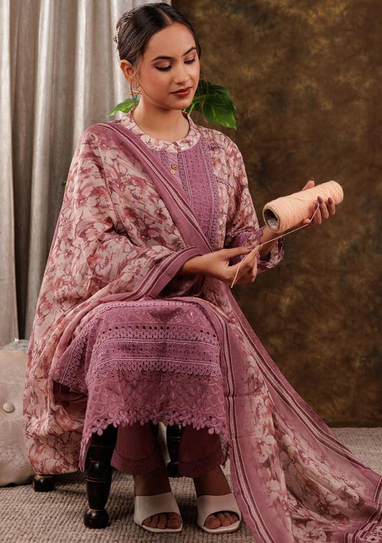 Purple Embroidered Cotton Kurta Set