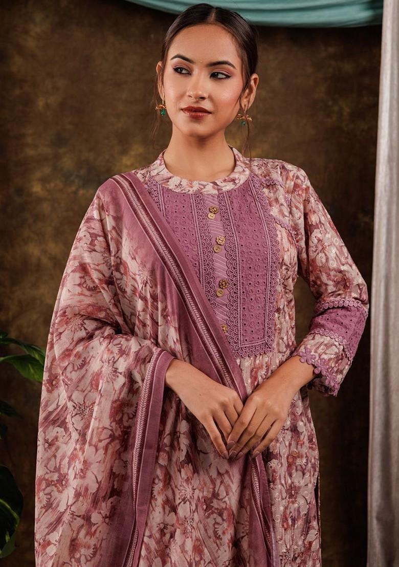 Purple Embroidered Cotton Kurta Set
