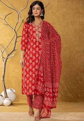 Red Printed Cotton Kurta Set