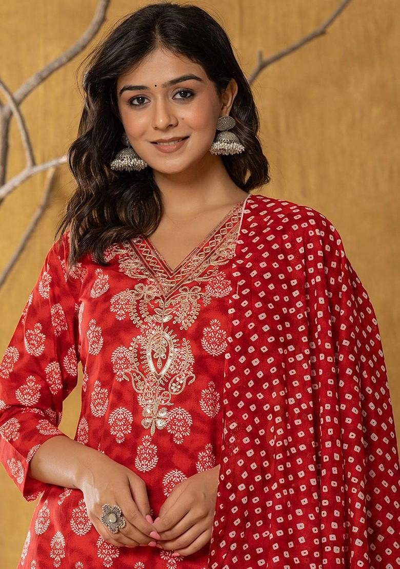 Red Printed Cotton Kurta Set