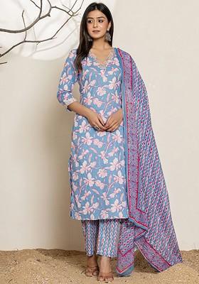 Blue Embroidered Cotton Kurta Set