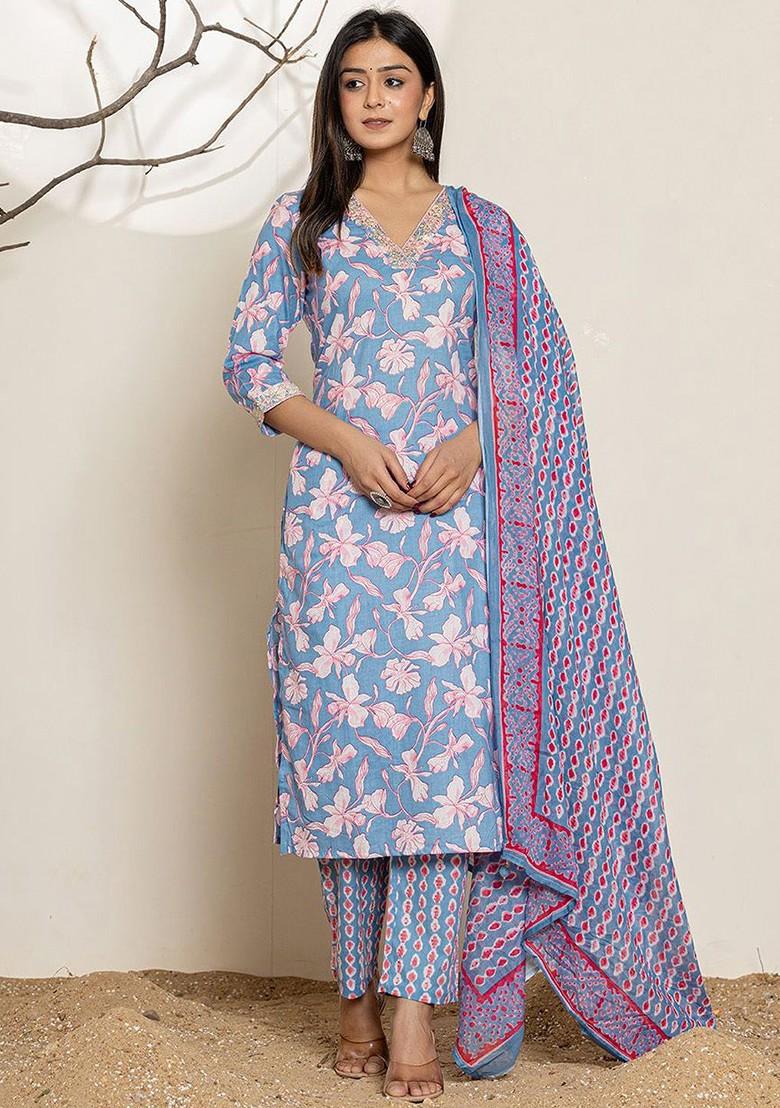 Blue Embroidered Cotton Kurta Set