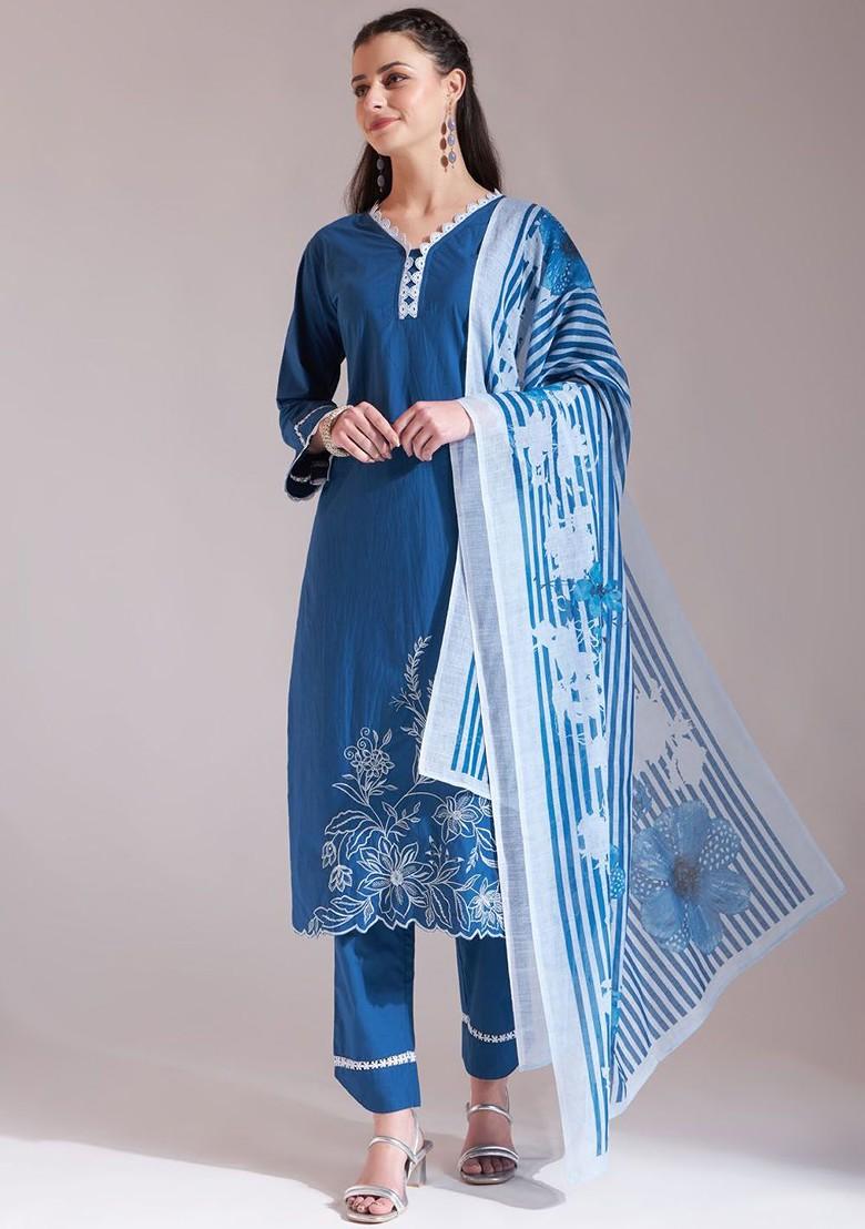 Blue Printed Cotton Kurta Set