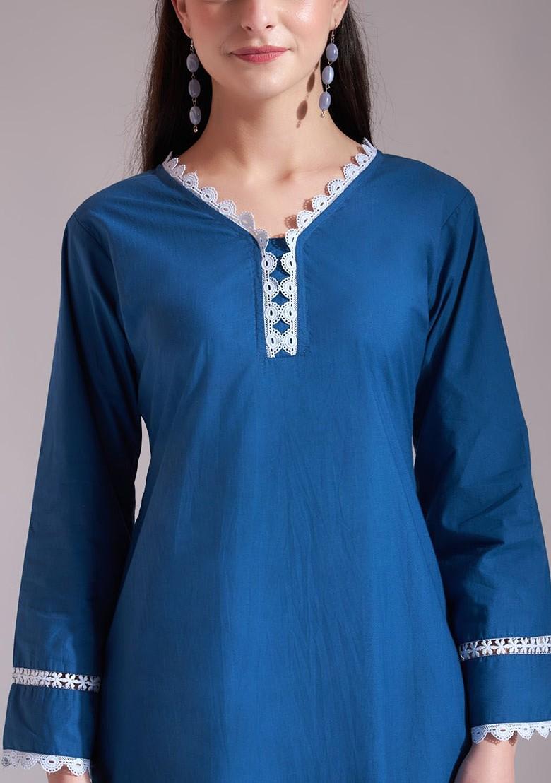 Blue Printed Cotton Kurta Set