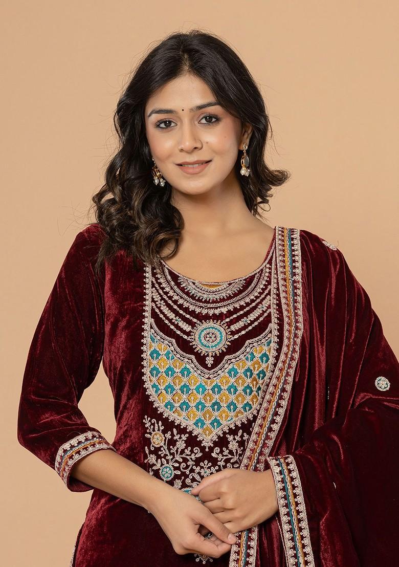 Maroon Embroidered Poly Blend Kurta Set