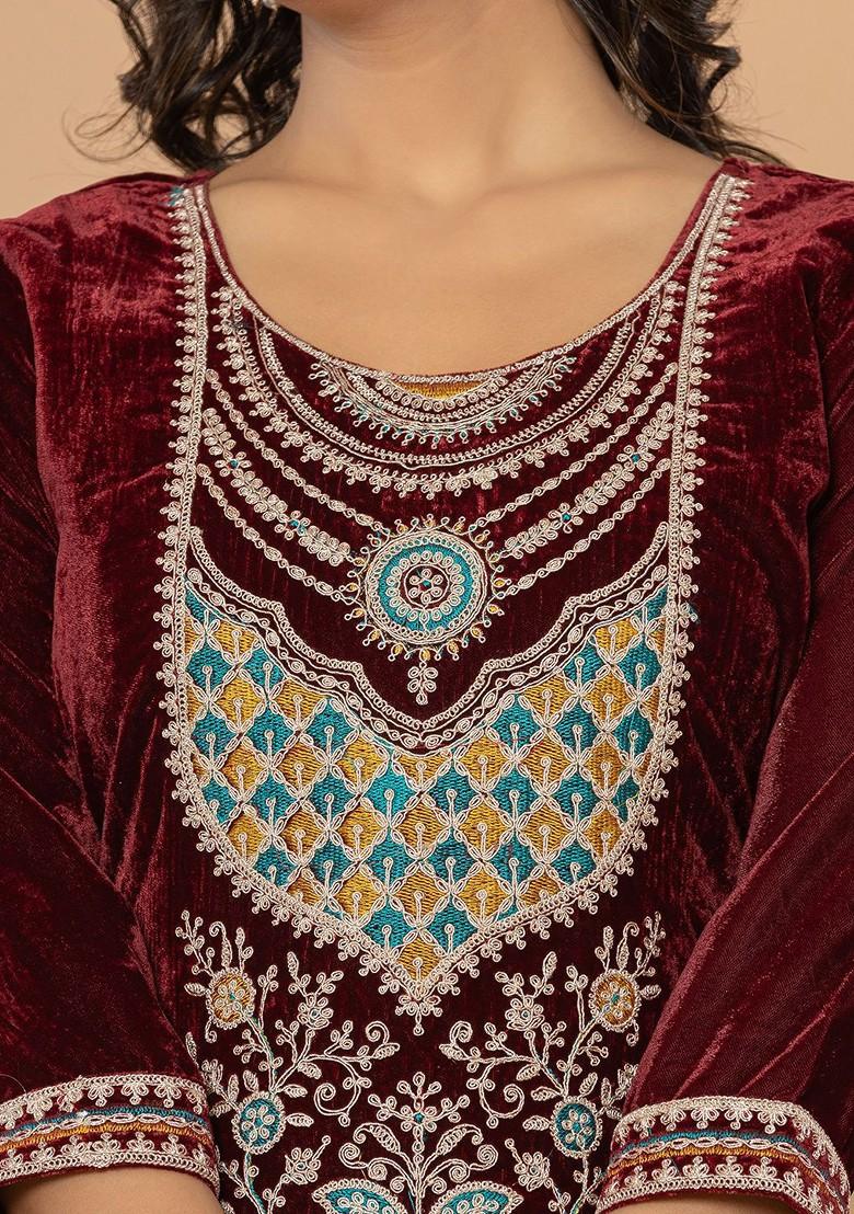 Maroon Embroidered Poly Blend Kurta Set