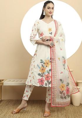 White Printed Linen Kurta Set
