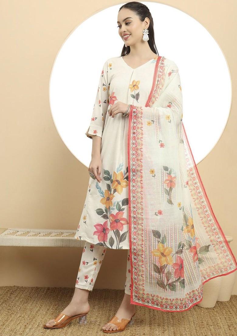 White Printed Linen Kurta Set