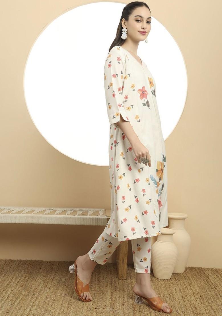 White Printed Linen Kurta Set