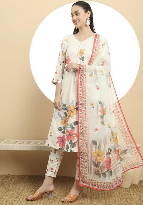 White Printed Linen Kurta Set