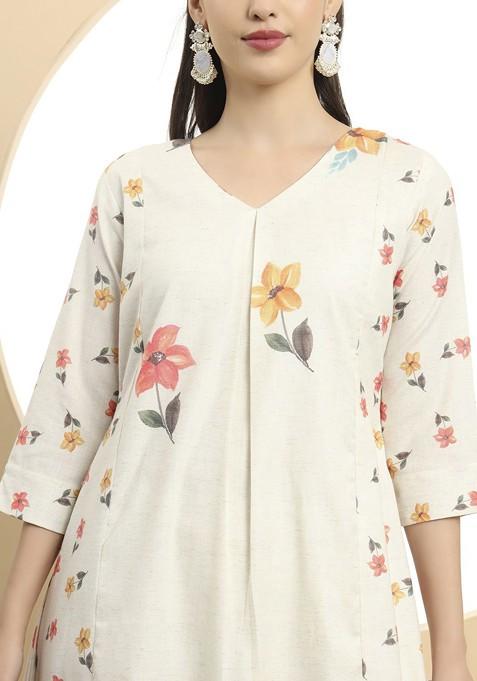 White Printed Linen Kurta Set