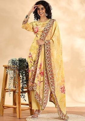 Yellow Printed Silk Kurta Set