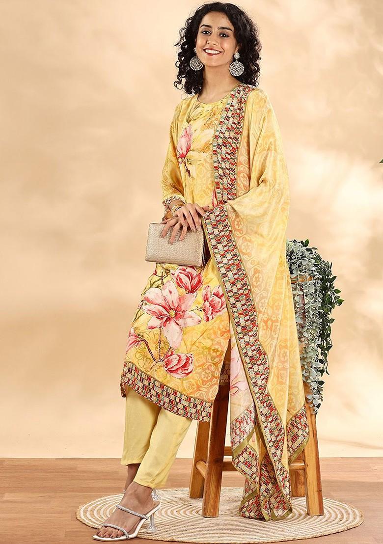 Yellow Printed Silk Kurta Set
