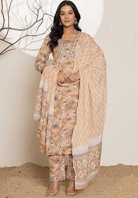 Yellow Embroidered Cotton Kurta Set