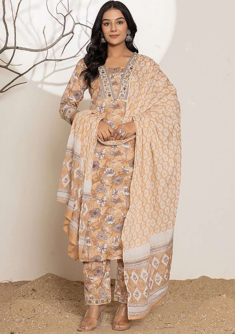 Yellow Printed Cotton Straight Kurta Set - Indya