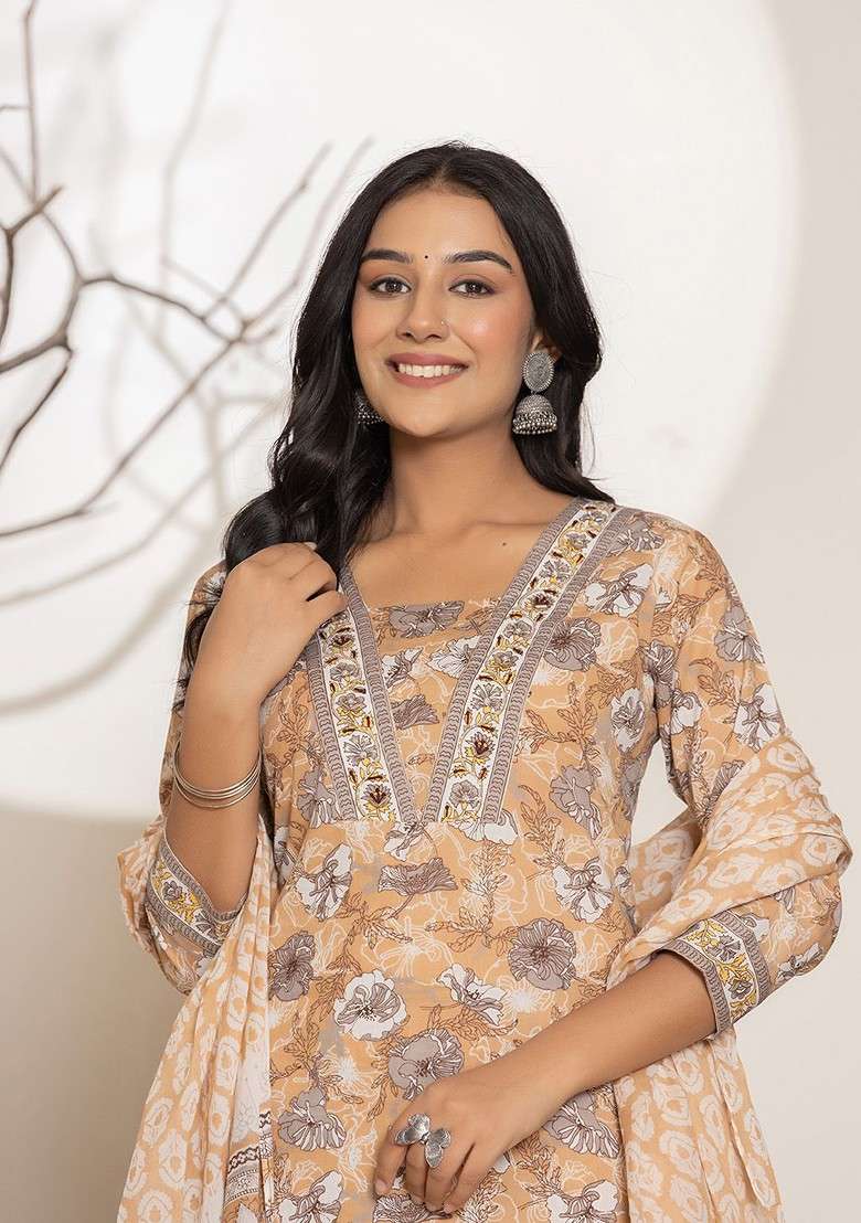 Yellow Printed Cotton Straight Kurta Set - Indya