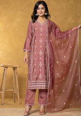 Orange Embroidered Poly Blend Kurta Set