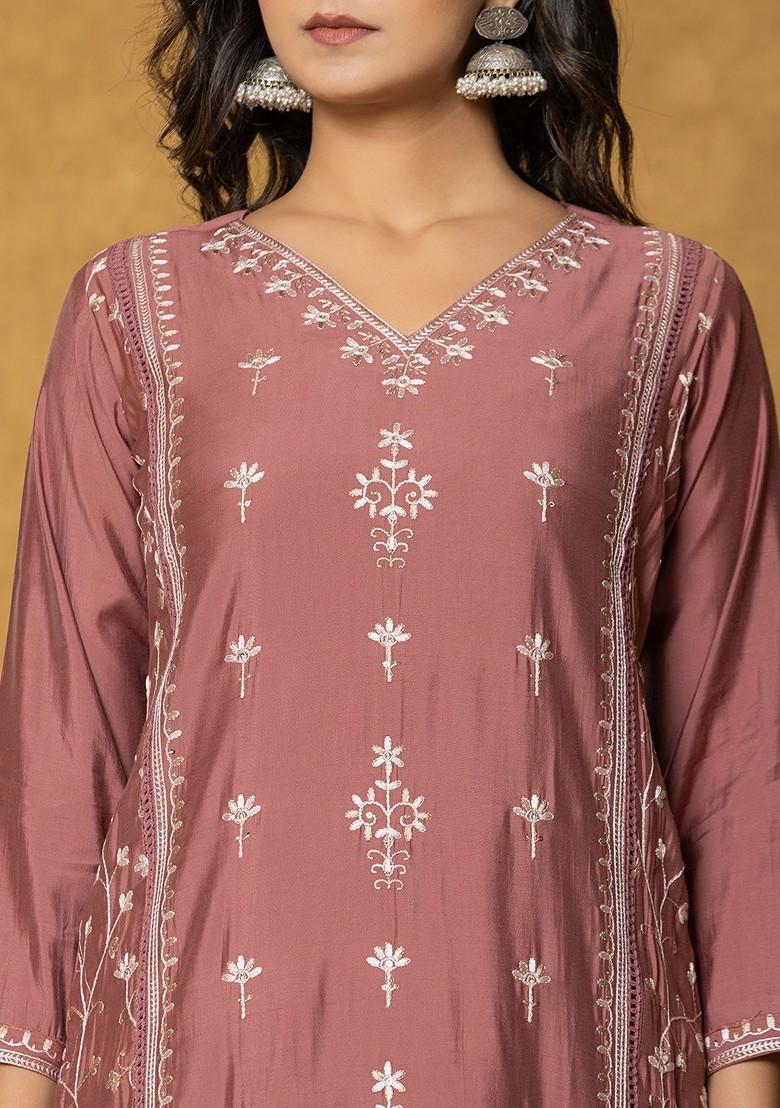 Orange Embroidered Poly Blend Kurta Set