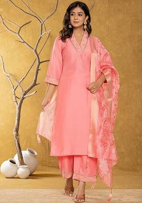 Pink Embroidered Poly Blend Kurta Set