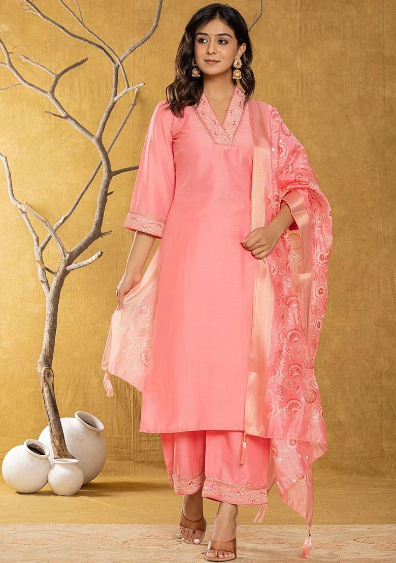 Pink Embroidered Poly Blend Kurta Set