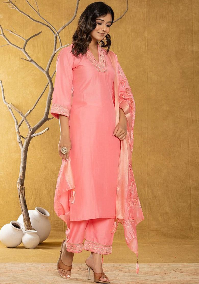 Pink Embroidered Poly Blend Kurta Set