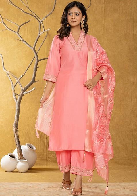 Pink Embroidered Poly Blend Kurta Set
