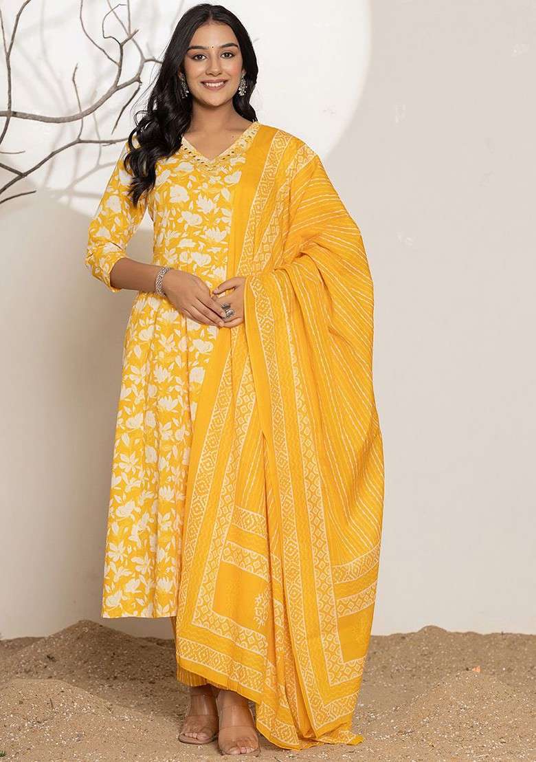 Yellow Floral Print Cotton Anarkali Set - Indya