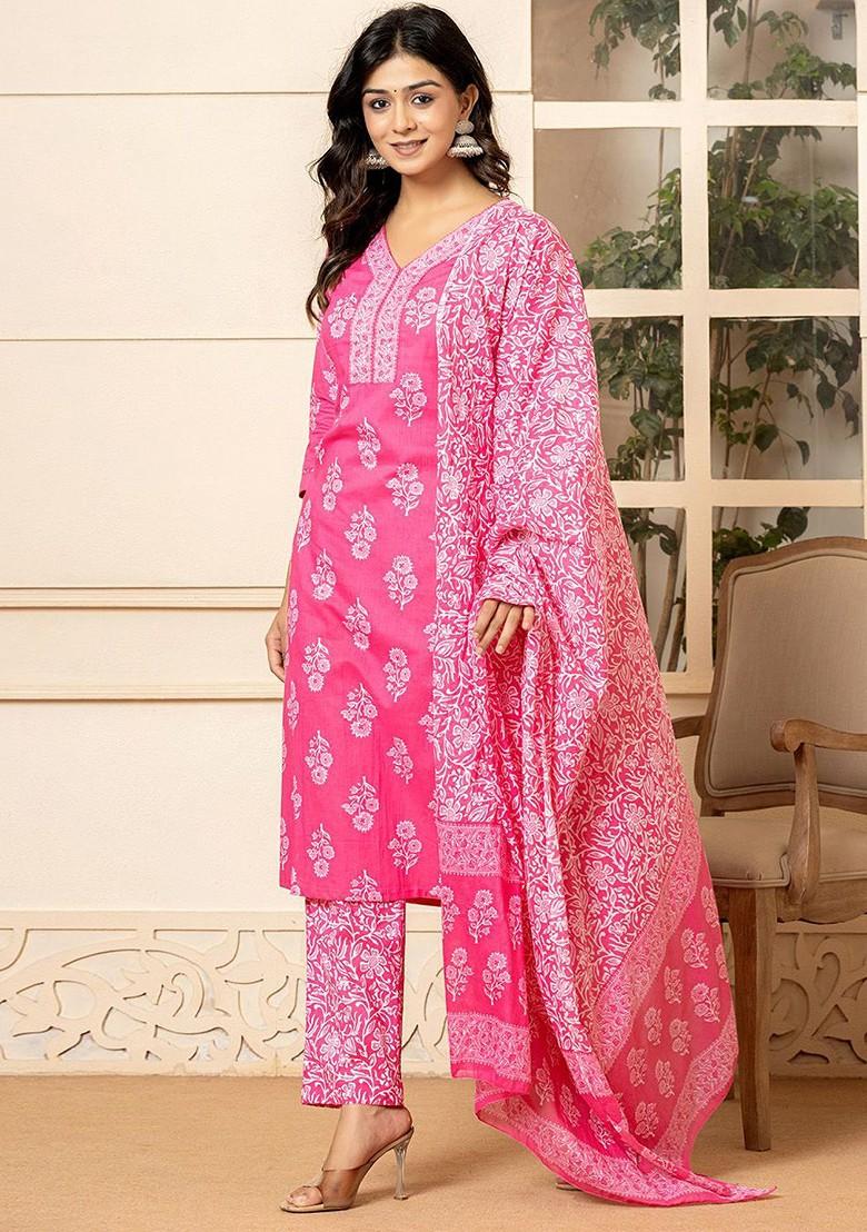 Pink Printed Cotton Kurta Set