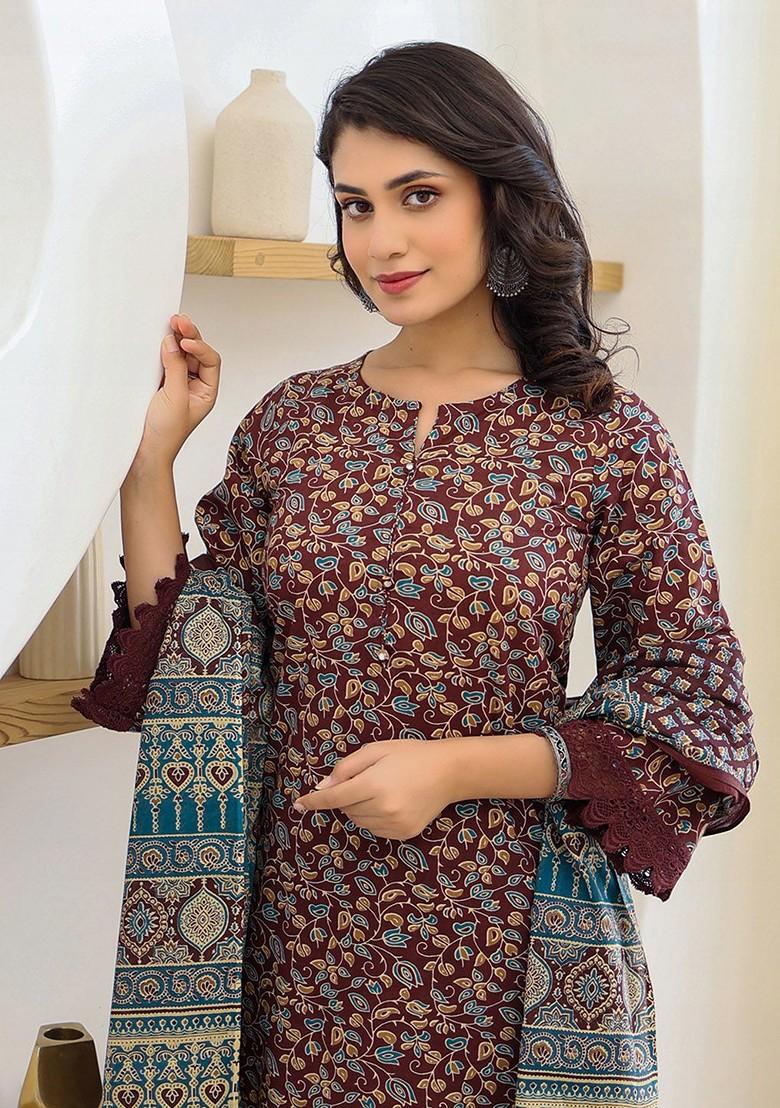 Maroon Printed Cotton Kurta Set