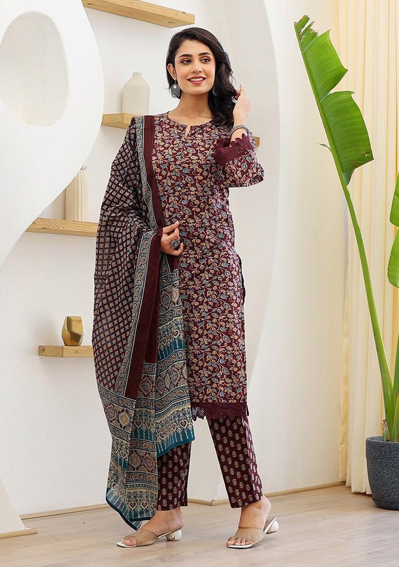 Maroon Printed Cotton Kurta Set