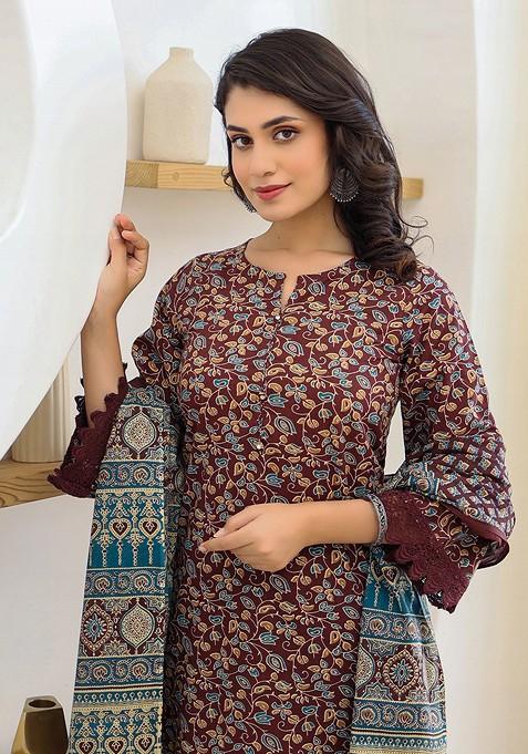 Maroon Printed Cotton Kurta Set