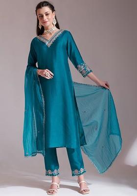 Green Embroidered Poly Blend Kurta Set