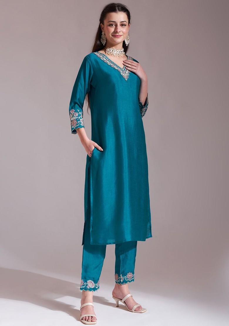 Green Embroidered Poly Blend Kurta Set