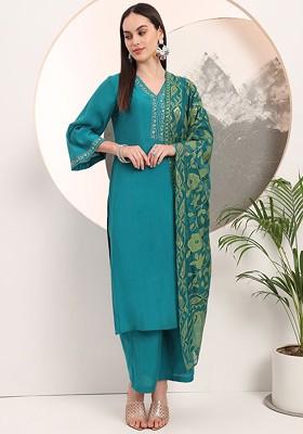 Green Embroidered Poly Blend Kurta Set