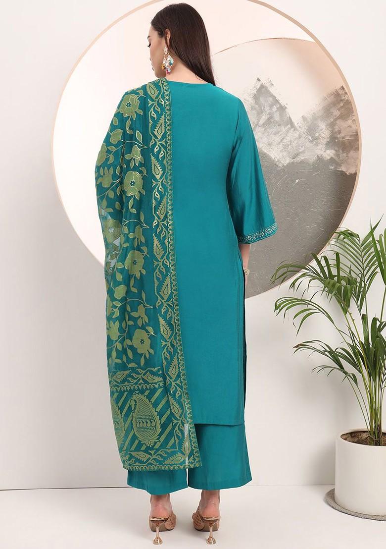 Green Embroidered Poly Blend Kurta Set