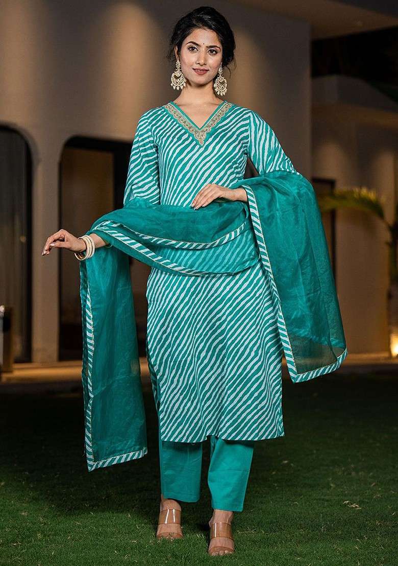 Green Striped Cotton Straight Kurta Set - Indya